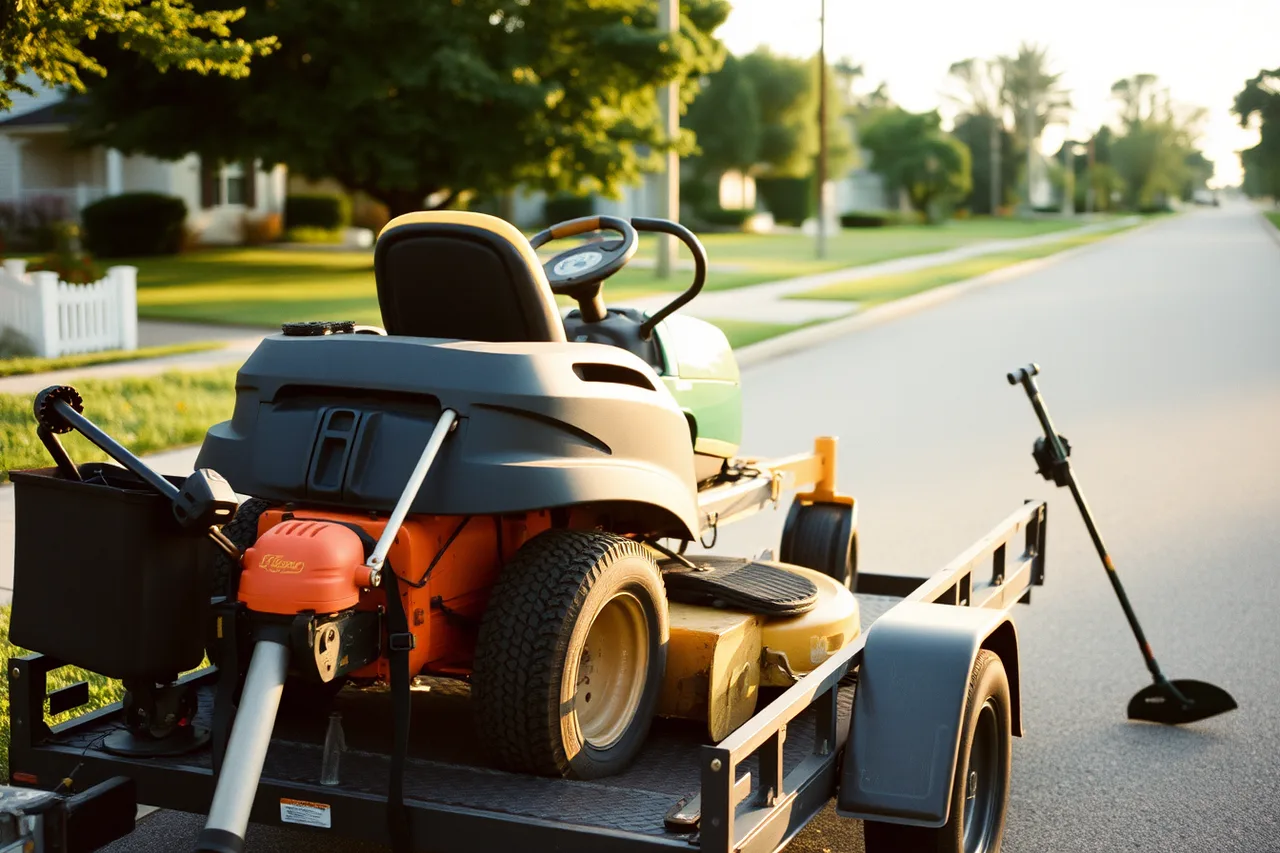 Zero-turn mower on trailer with backup trimmer and spare blades (Lawn care business plan: the parts people skip)