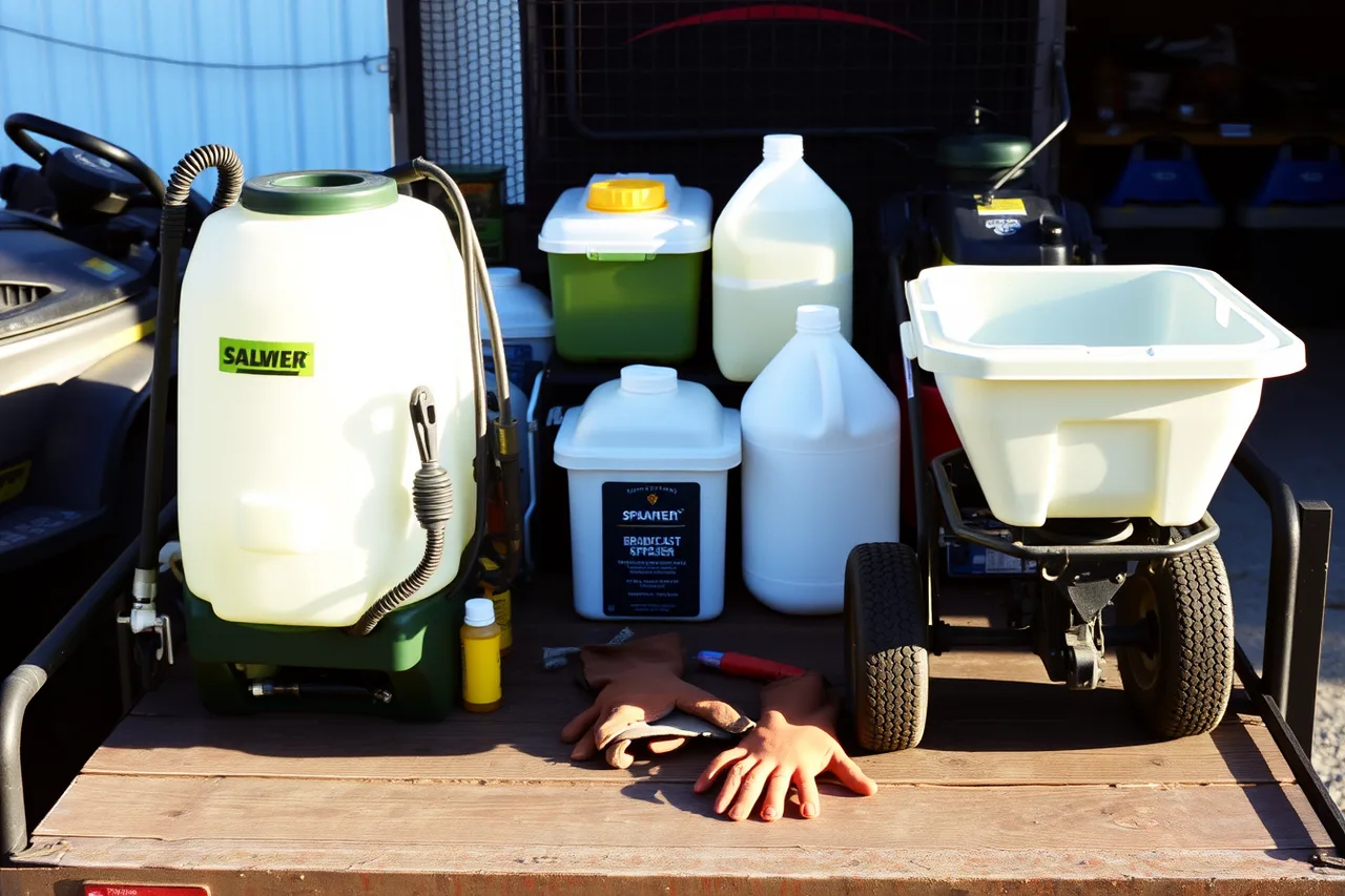 Backpack sprayer and broadcast spreader secured on a lawn care trailer (What a new lawn care business owner needs to buy: the equipment list)