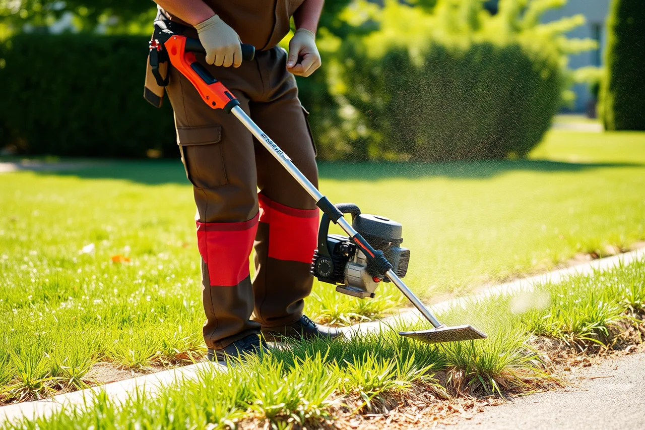 Lawn worker in safety glasses, face shield and chaps running a string trimmer (OSHA safety rules for American lawn care crews, from blades to heat)