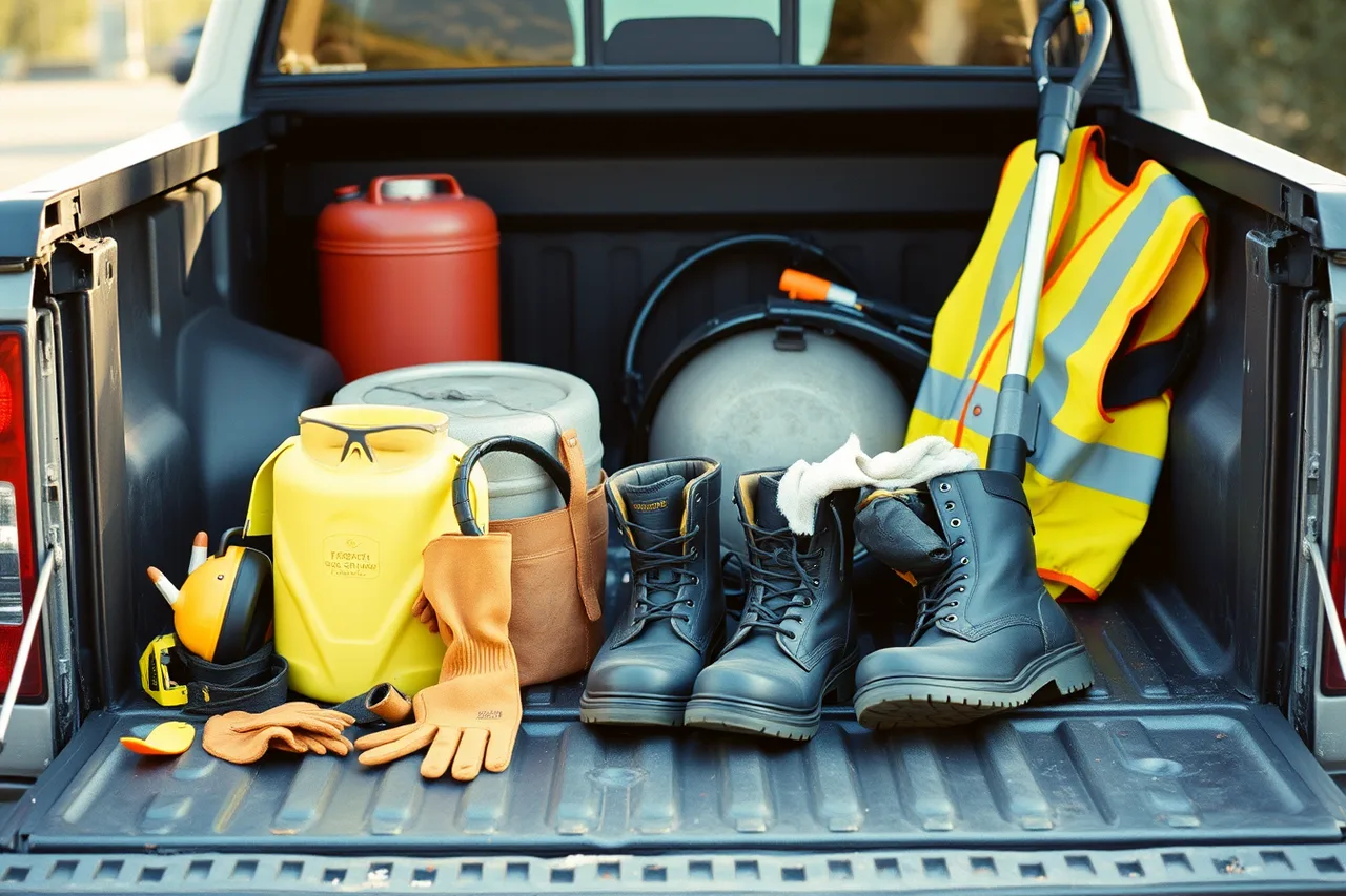 Lawn care protective equipment and fuel can laid out on a tailgate (The new-hire checklist for a lawn care business)