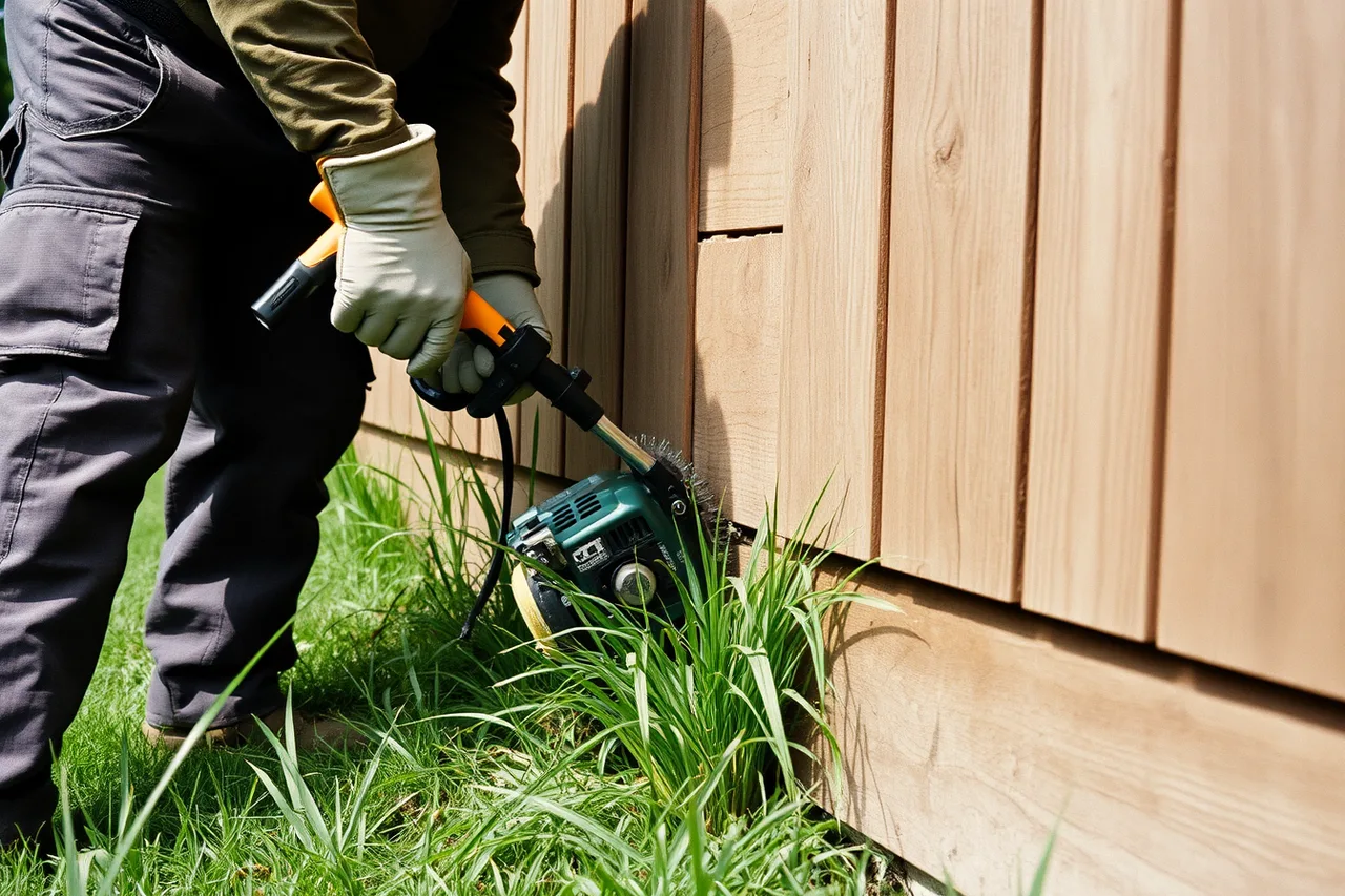 Worker trimming along a fence line with a string trimmer (The new-hire checklist for a lawn care business)