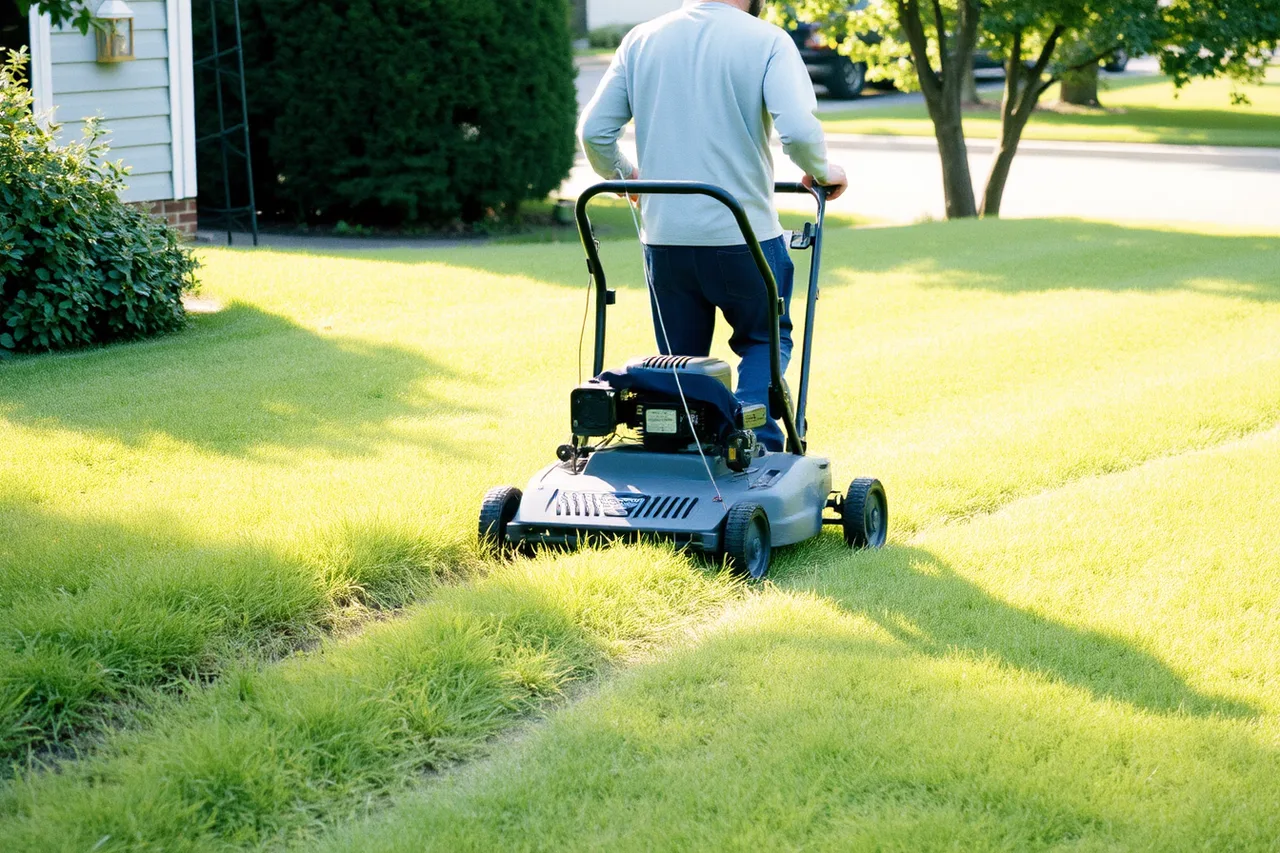 Operator mowing a slope with a walk-behind mower (The new-hire checklist for a lawn care business)